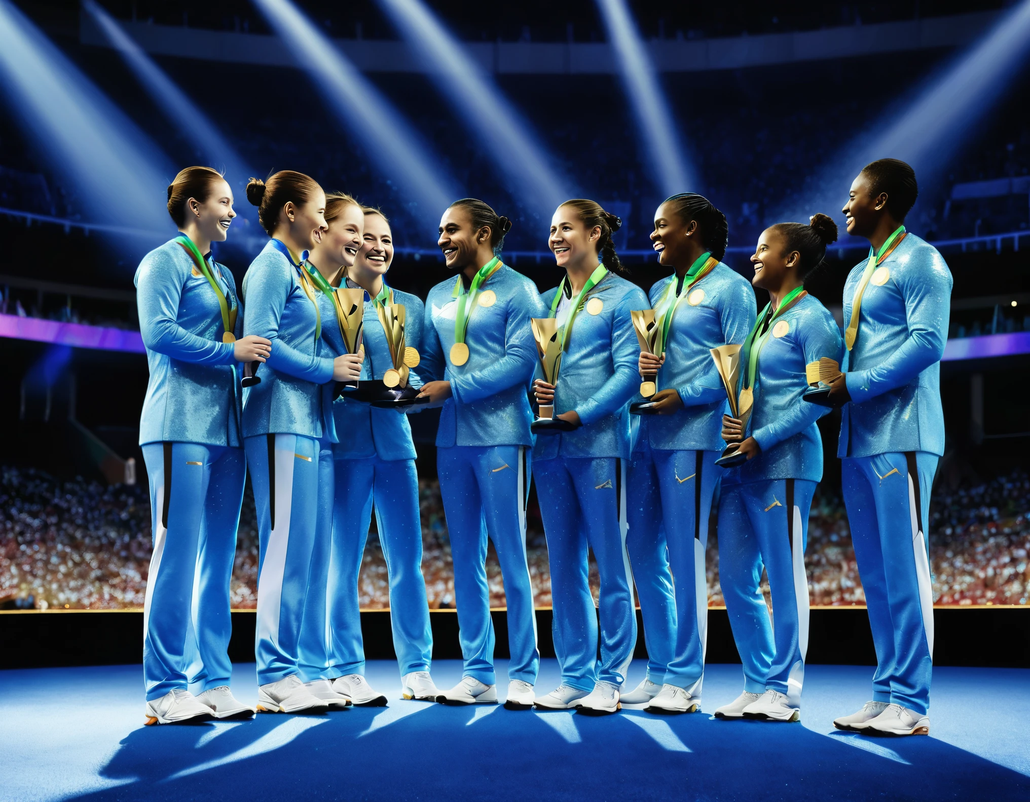 wonderful photograph of the Olympic Awards Ceremony, where winners from each country praise each other regardless of ranking, 2.5D, delicate and dynamic, shading effects, hyper realistic, glitter effects
