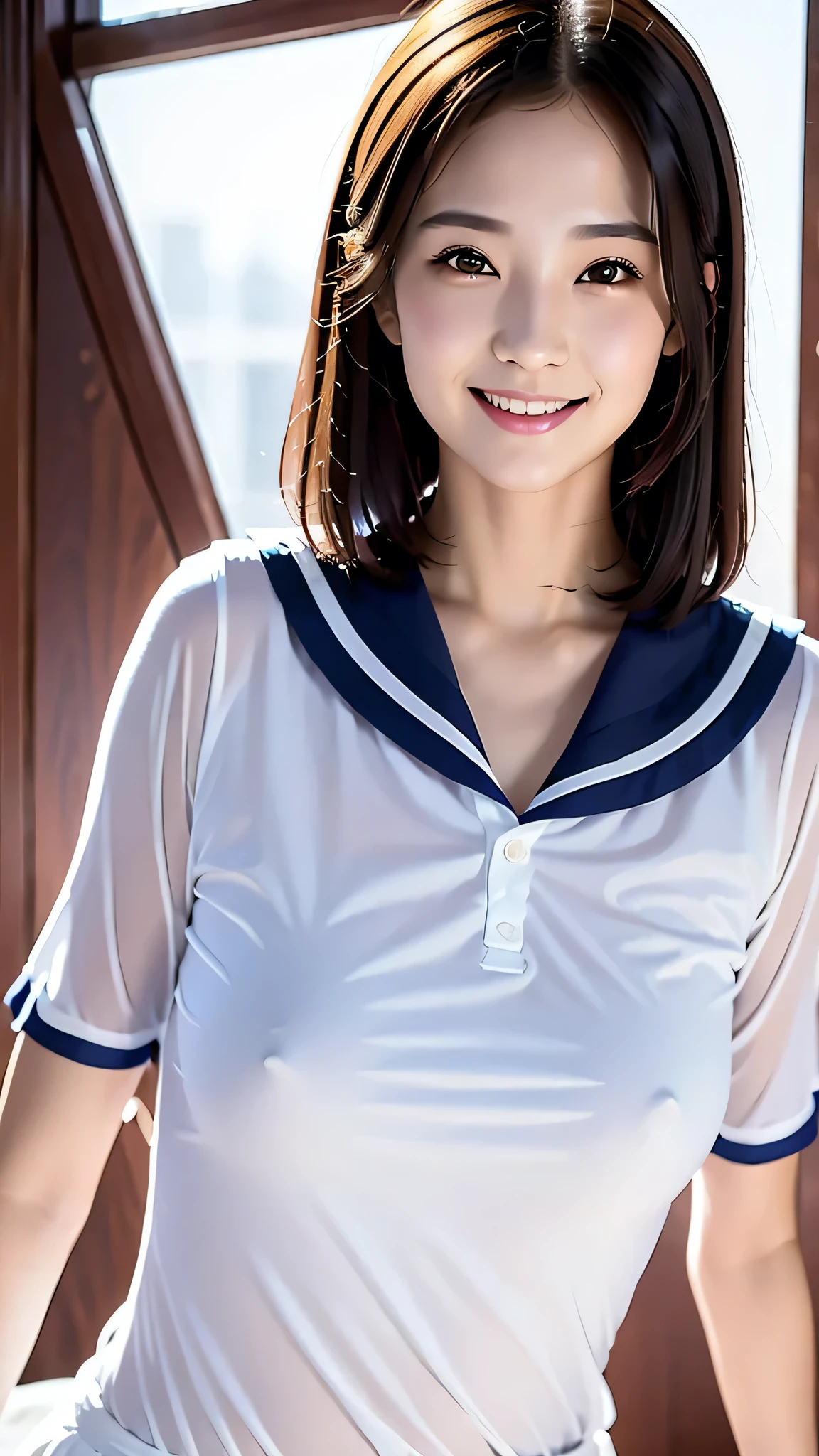 (SFW:1.5),(masterpiece, Highest quality:1.2), One girl, alone,23 years old,beautiful,Big Breasts,The body is slim、Big Breasts、A big smile、(((Black Hair、Bob Hair)))、Sailor suit、stage、Panchi et al.