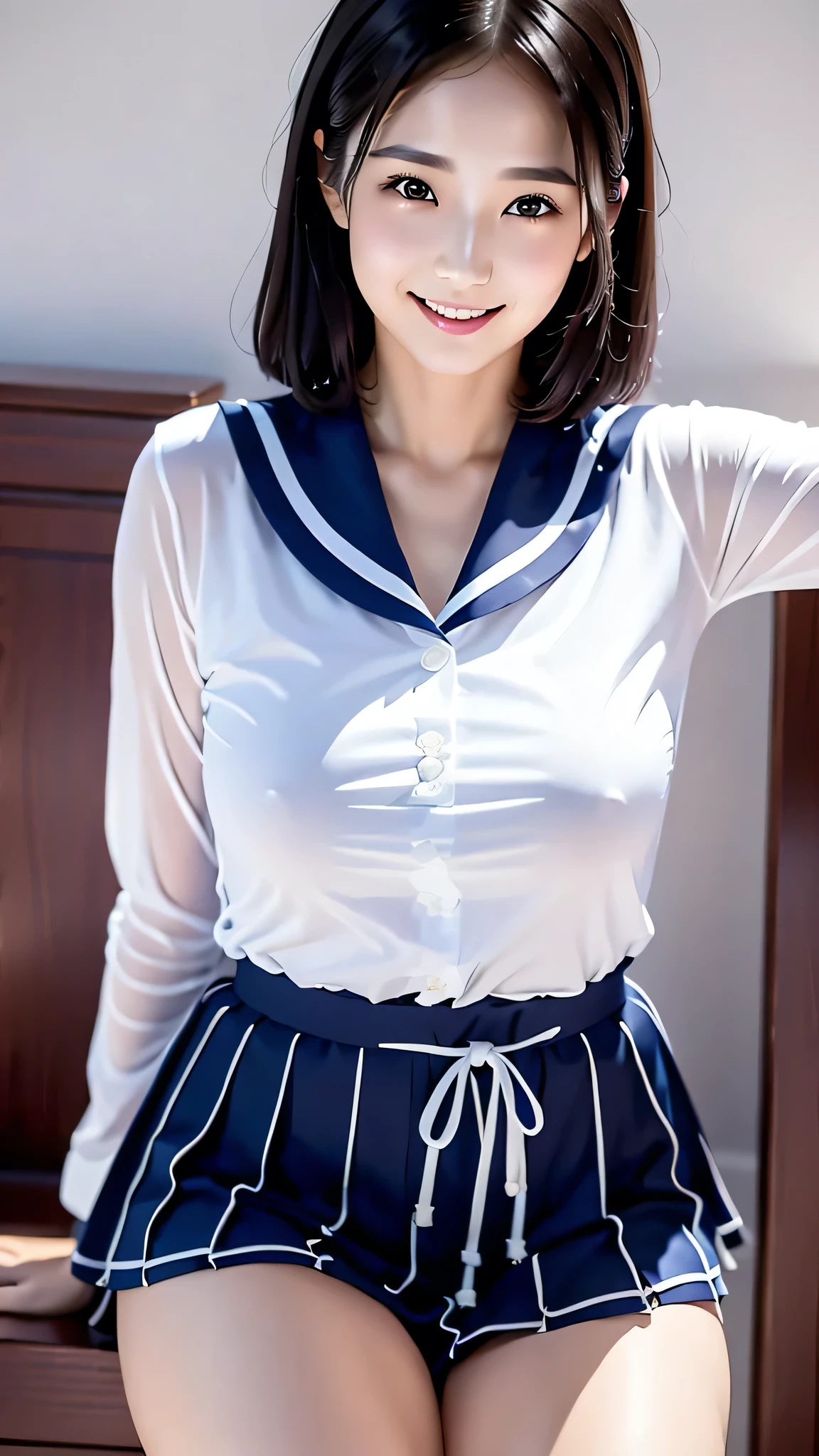 (SFW:1.5),(masterpiece, Highest quality:1.2), One girl, alone,23 years old,beautiful,Big Breasts,The body is slim、Big Breasts、A big smile、(((Black Hair、Bob Hair)))、Sailor suit、stage、Panchi et al.