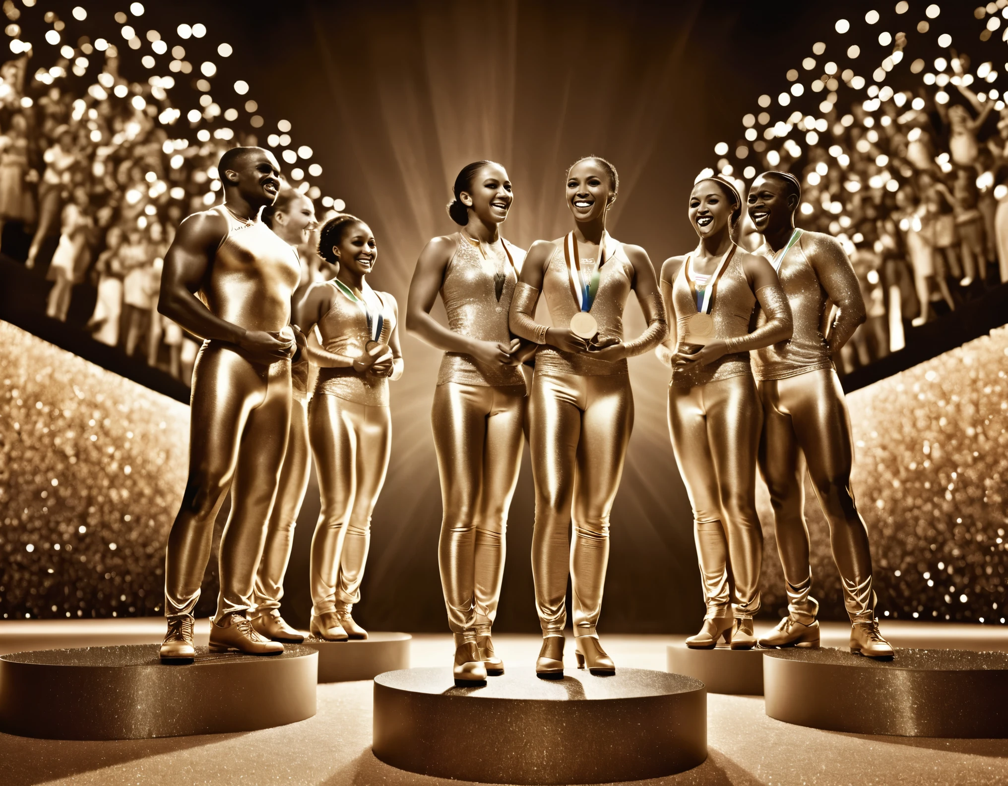 wonderful sepia photograph of the Olympic Awards Ceremony, where winners from each country praise each other regardless of ranking, 2.5D, delicate and dynamic, shading effects, hyper realistic, glitter effects