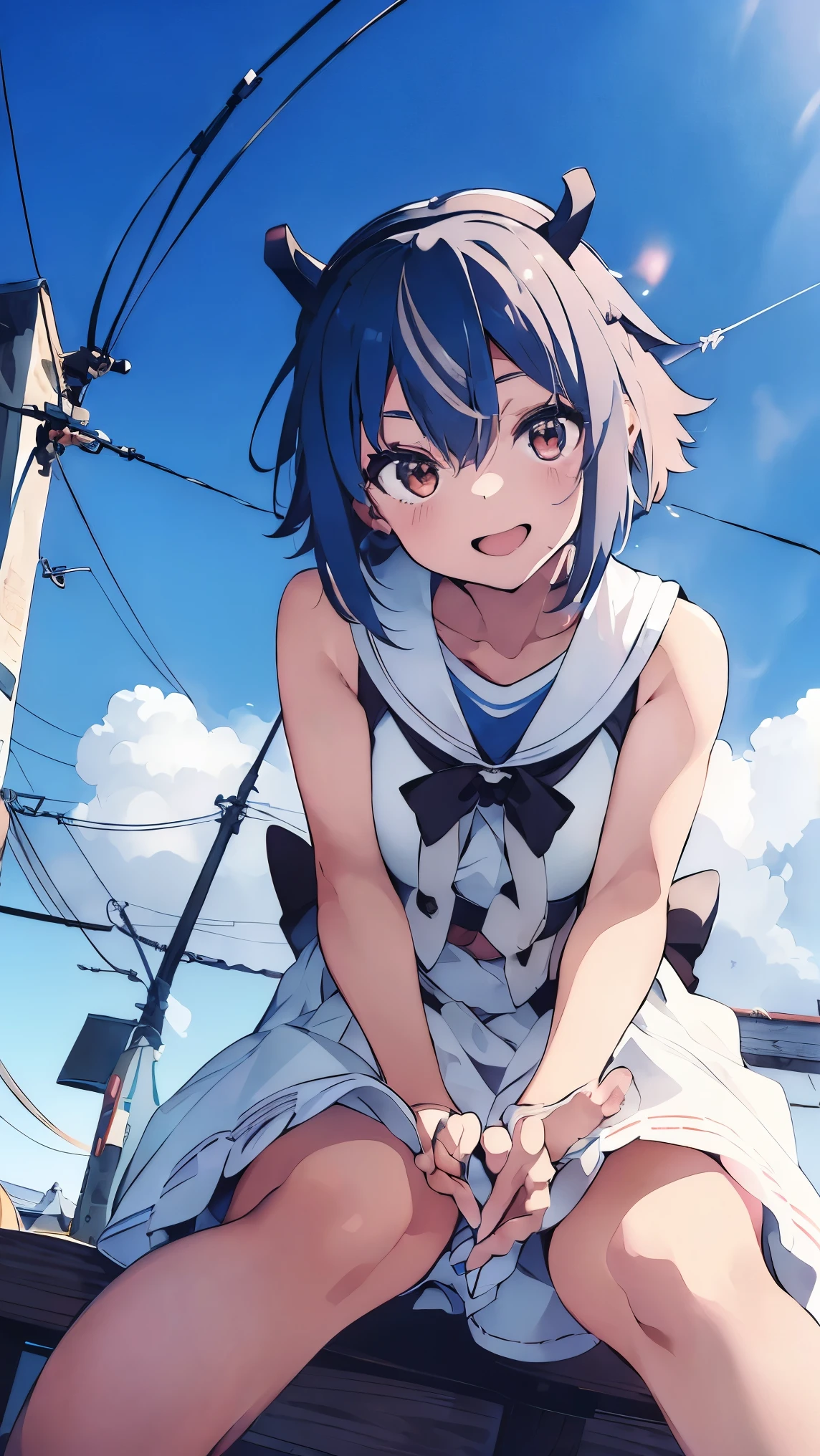 masterpiece, Highest quality, High resolution, Very detailed,(((Mikoto Naruka))), (((white ground)))、(((electric wire)))、(((smile)))、(((Sitting far away))), Wearing a white dress。, Electric pole, blue sky,