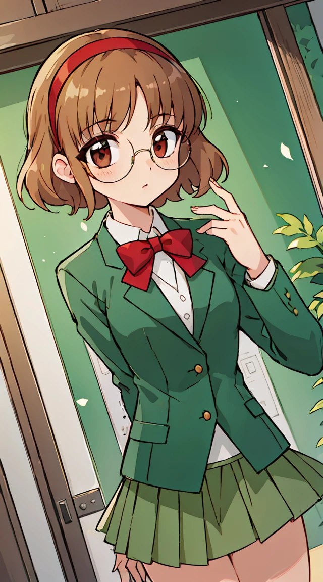 Phoenix Temple Fuu,One girl,short hair,Light brown hair,Glasses,((Red Hairband)),Green blazer,mini skirt,masterpiece,Noise Reduction,Perfect Anatomy,High resolution, Very detailed,Game CG,Dutch Angle ,Beautiful attention to detail,Visual Arts,Five Fingers, Perfect hands, Perfect lighting,