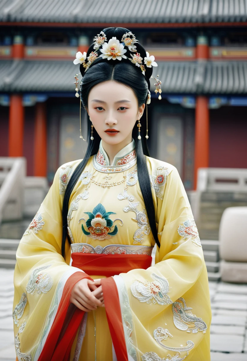 Chinese actress Xu Xun in The Legend of Ruyi (Zhou Xun) A Qing Dynasty Empress standing in front of the crowd. Her large breasts and hairy lower abdomen are visible. Her hair is tied up and pulled up with a gorgeous flower ornament.、A perverted erotic woman wearing the crown of a Qing Dynasty empress. The background is the stone paving of a Chinese palace during the Qing Dynasty. She is naked without underwear on the stone paving outside a Chinese palace during the Qing Dynasty.、