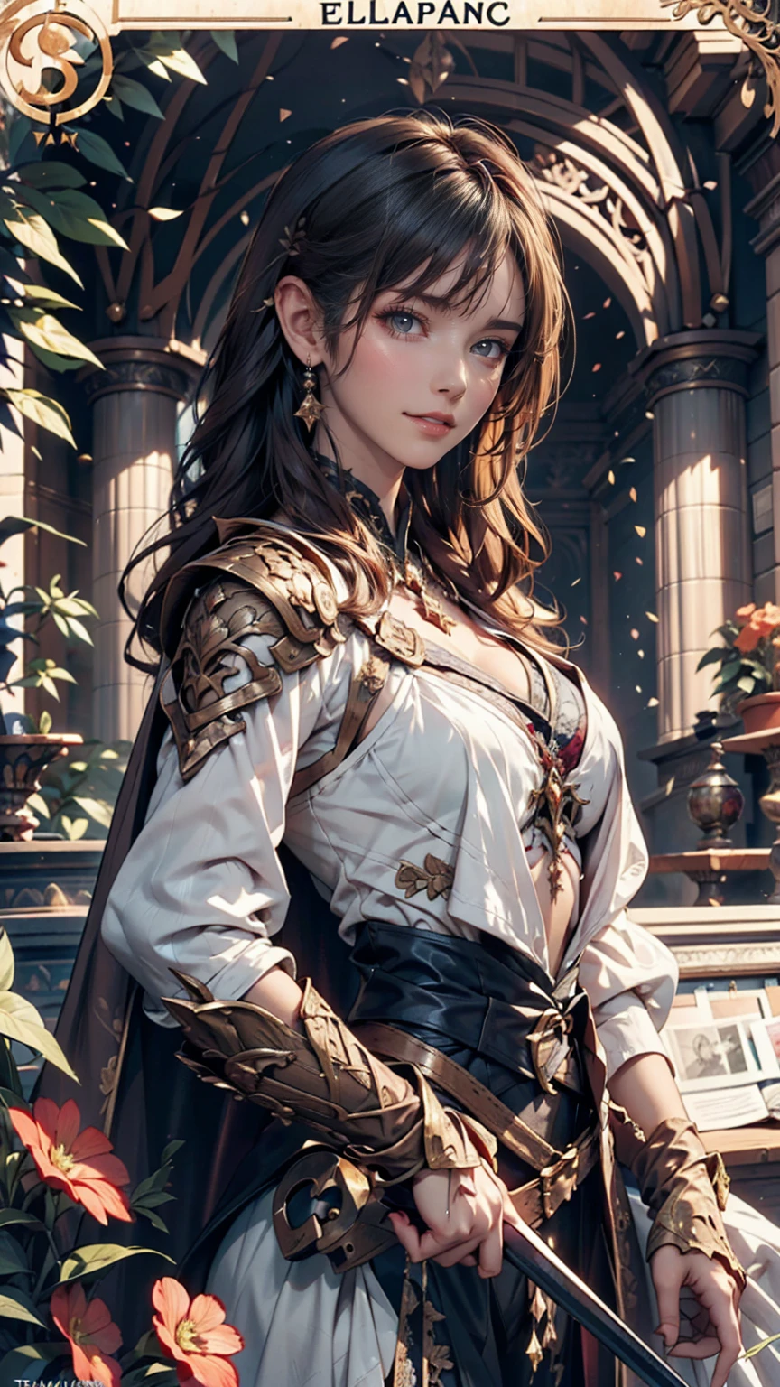 Gorgeous and beautiful Elven warrior queen tarot card, Fractal Magic, Travis Charest-style illustrations, Ink line art, Poster, Elle Fanning Model, society, Fantasy art, detailed illustration, Mysterious, Botanical masterpiece, detailed, Ultra-realistic, Elements of symbolism and surrealism, Intricate Design, Intertwined, Beautiful woman, Flowers, pastel、Lavish Armor and Cape、Hand guard、Manikia、smile、Place your hand on the hilt of the sword