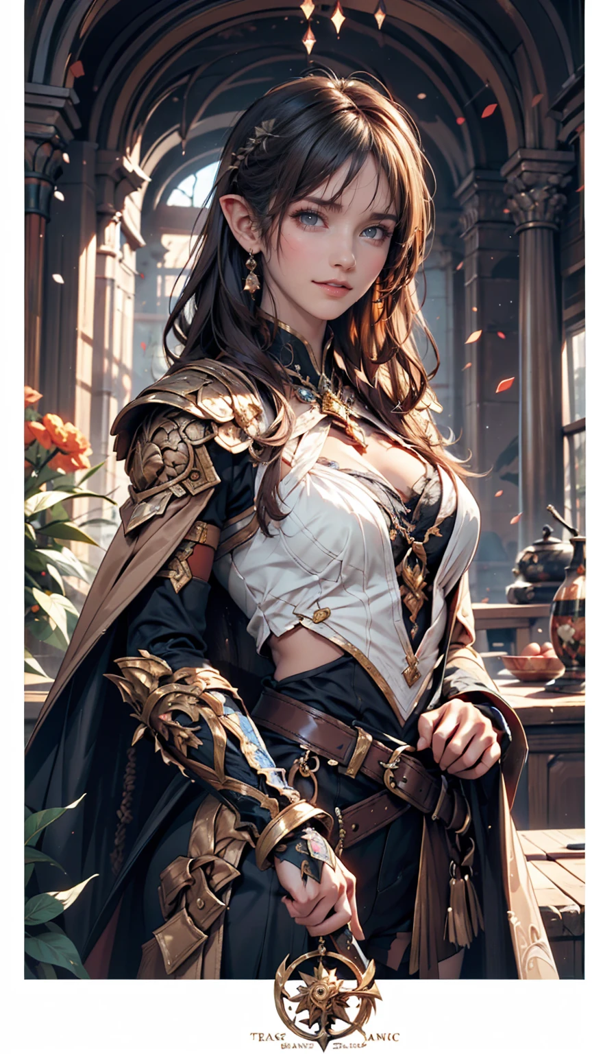 Gorgeous and beautiful Elven warrior queen tarot card, Fractal Magic, Travis Charest-style illustrations, Ink line art, Poster, Elle Fanning Model, society, Fantasy art, detailed illustration, Mysterious, Botanical masterpiece, detailed, Ultra-realistic, Elements of symbolism and surrealism, Intricate Design, Intertwined, Beautiful woman, Flowers, pastel、Lavish Armor and Cape、Hand guard、Manikia、smile、Place your hand on the hilt of the sword