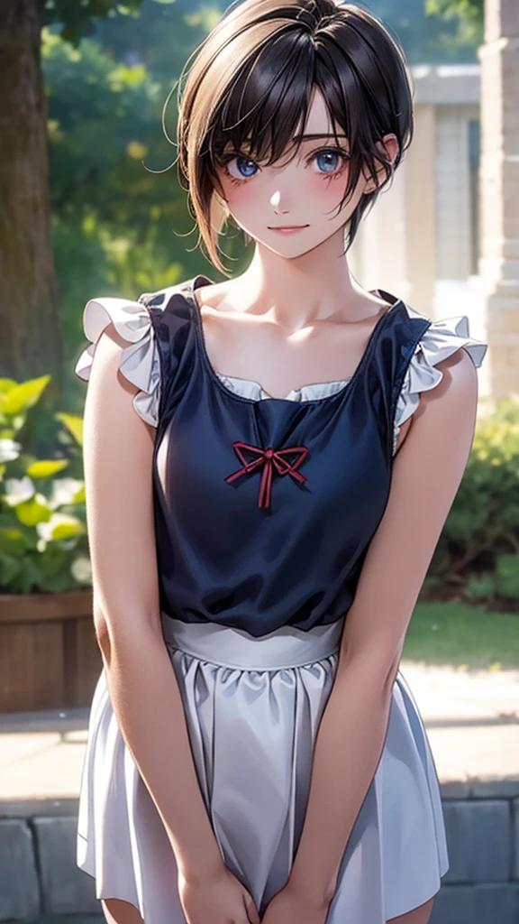 (masterpiece:1.3, Highest quality, Ultra-high resolution, Super detailed), (Realistic:1.1, photoRealistic:1.4), Beautiful illustrations, Perfect lighting, colorful, Depth of written boundary, Beautiful detailed hair, Beautifully detailed face, Beautiful attention to detail, Beautiful clavicle, Beautiful body, (Beautiful small breasts), Beautiful thighs, Beautiful feet, Beautiful fingers, View your viewers, 1 girl, Japanese, high school girl, Perfect Face, (Perfect Anatomy, Anatomically correct), Cute and symmetrical face, , Sunburn, Glowing Skin, (short hair:1.5, Bobcut:1.2, Ash Blonde Hair), Hair between the eyes, blue eyes, Long eyelashes, thin, (Pale pink dress, Black tank top, White Skirt), (Are standing), (Cute smile,, Close your mouth),
