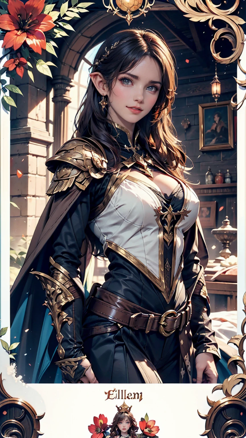 Gorgeous and beautiful Elven warrior queen tarot card, Fractal Magic, Travis Charest-style illustrations, Ink line art, Poster, Elle Fanning Model, society, Fantasy art, detailed illustration, Mysterious, Botanical masterpiece, detailed, Ultra-realistic, Elements of symbolism and surrealism, Intricate Design, Intertwined, Beautiful woman, Flowers, pastel、Lavish Armor and Cape、Hand guard、Manikia、smile、Place your hand on the hilt of the sword