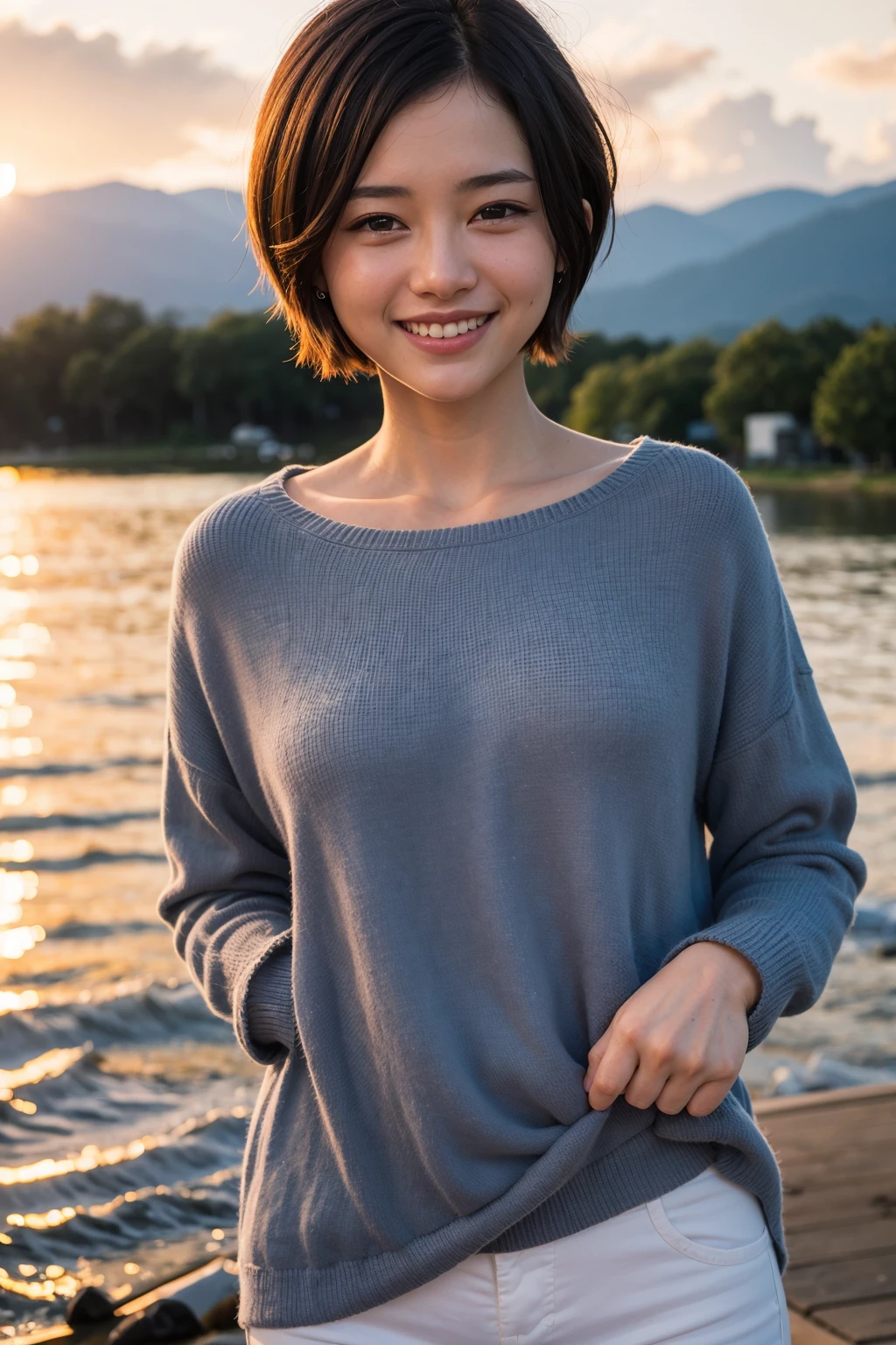 Top quality, 1 beautiful woman, pixie cut, shy smile, sunset
