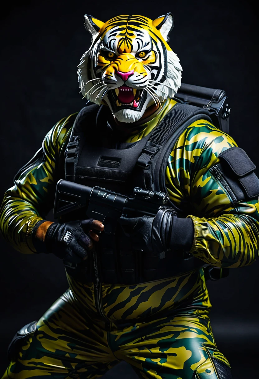(a dark-skinned fat old man in a bulky army camouflage zipper diver suit), wearing a realistic roaring (tiger mask), thumbs up, carrying a gun holster, muscular physique, imposing stature, Basuki Abdullah style, sumatraism, action, (a character portrait), heroic, fierce, snarling, vibrant colors, deep shadows, intense lighting, dramatic atmosphere, jungle background with verdant greenery, visual depth, lucid detail, ultra-detailed, ultra-realistic, professional, best quality, angry.