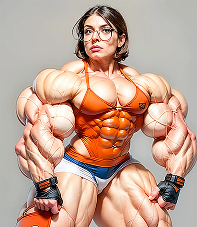 muscle woman with brunette hair wearing Huge round glasses and orange straps flexing massive muscles, most muscular pose, girl with huge muscles, muscle girl, glasses, huge glasses, round glasses