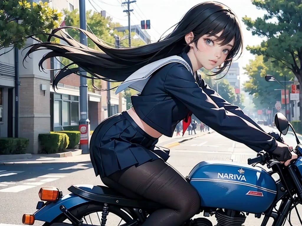 A high school girl wearing a navy blue sailor uniform is riding a motorcycle in front of the school&#39;s bicycle parking lot.、A scene of a girl waving to her friend as she returns home with a big smile。She has a beautiful body with a 7-head ratio.、Well developed for a high school student。Big 、Small waist、Big Ass、Long limbs。but、My thighs are a bit thick, which is a problem for me.。Her beautiful, lustrous black hair is braided。Please include your female friends on screen.。