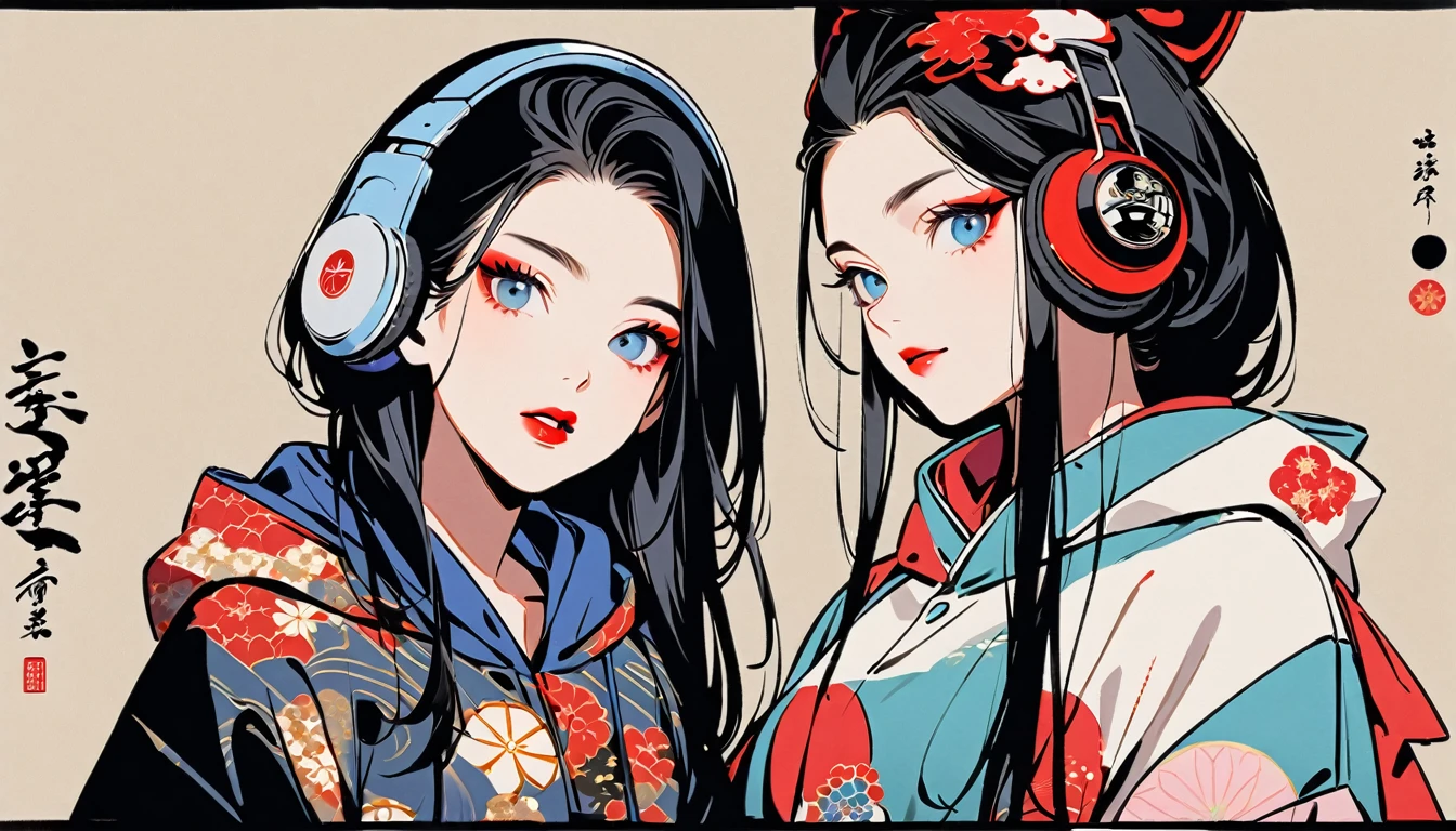 (((Ink Painting))), Fashion portrait color photos, (((1 girl))), (((Flashy makeup))), (((Japanese style headphones))), (((Japanese pattern hoodie))), (((Put on the hood))), Japan人の美少女, Black Hair, Delicate and precise, Modern ukiyo-e style,Japan, Japanese flag, red and blue neon