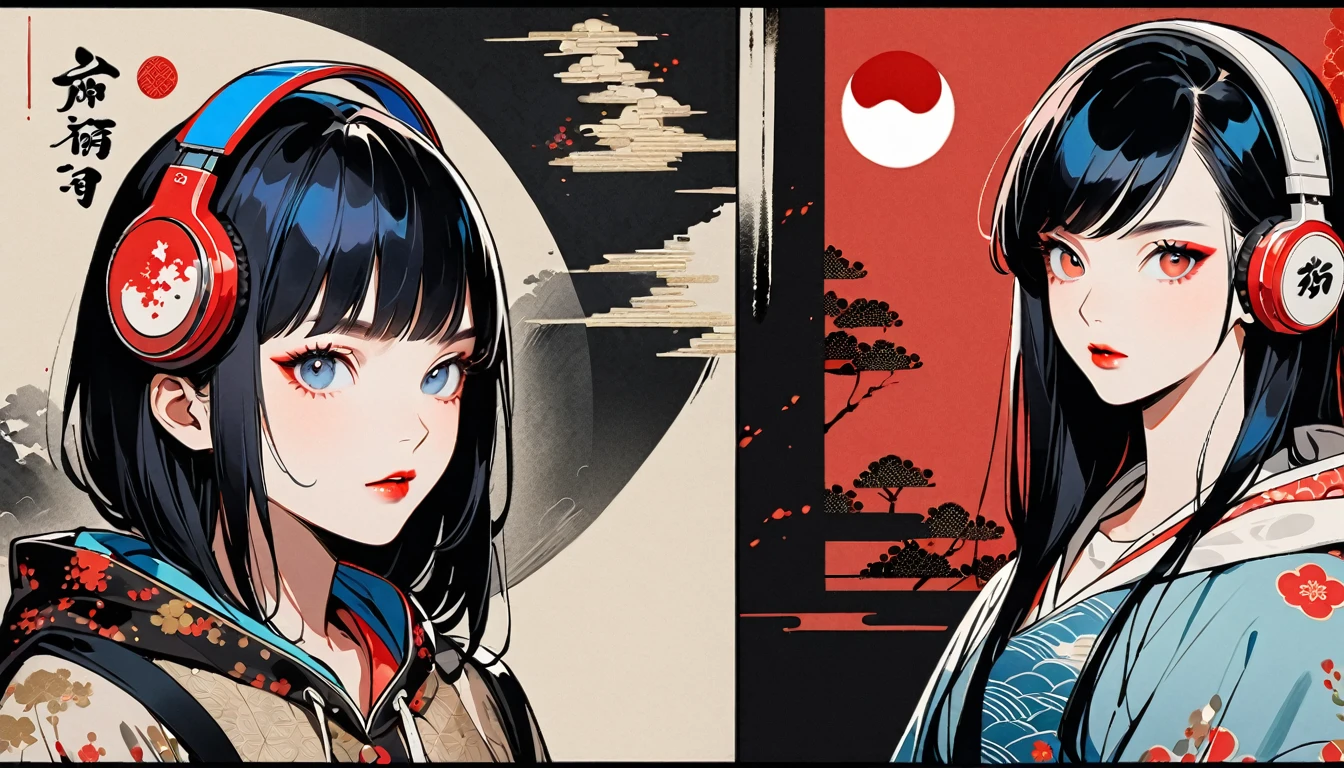 (((Ink Painting))), Fashion portrait color photos, (((1 girl))), (((Flashy makeup))), (((Japanese style headphones))), (((Japanese pattern hoodie))), (((Put on the hood))), Japan人の美少女, Black Hair, Delicate and precise, Modern ukiyo-e style,Japan, Japanese flag, red and blue neon