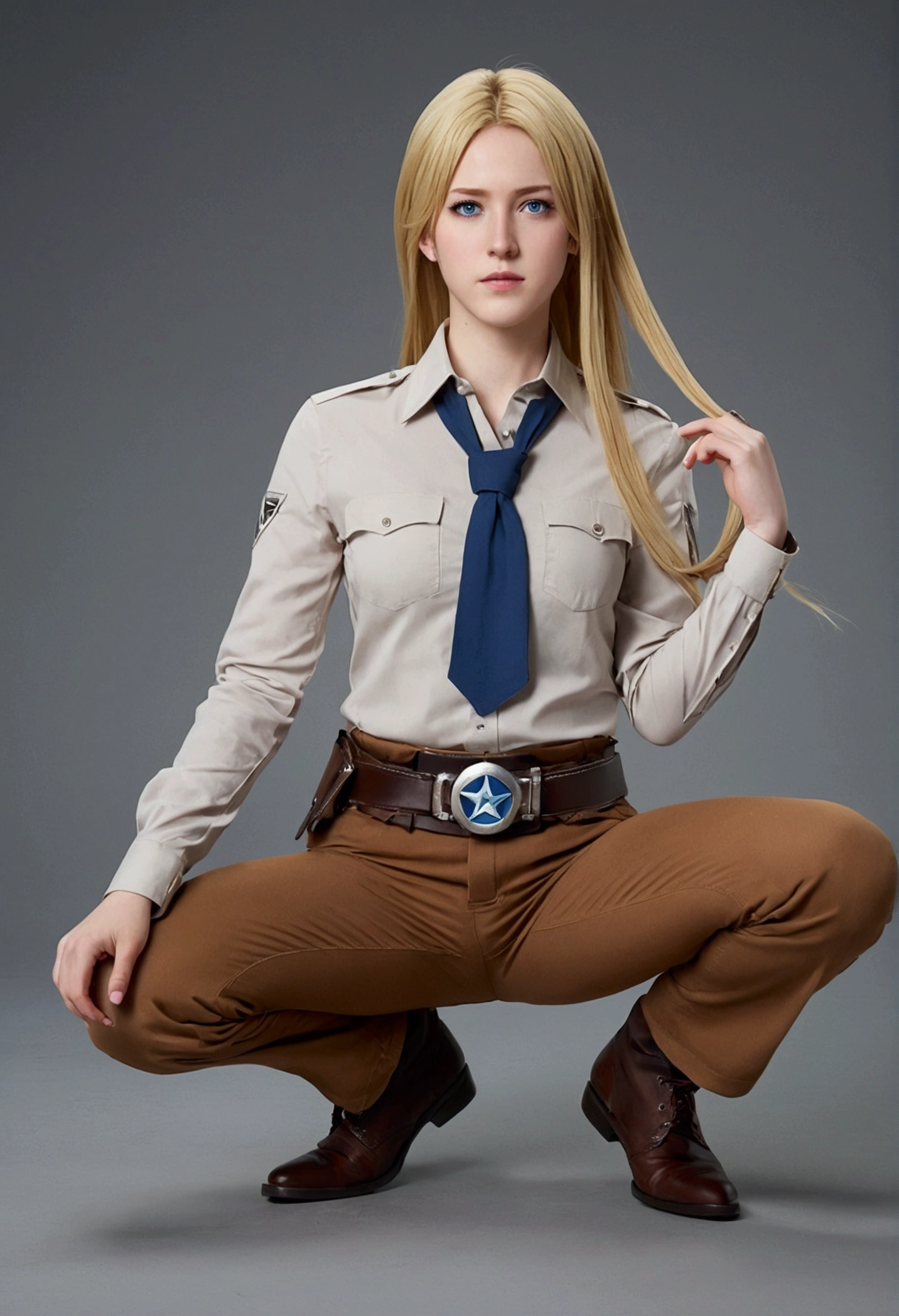aot style, shingeki no kyojin,, , christa renz,, 1girl, belt, belt buckle, blonde hair, blue eyes, brown footwear, brown pants, buckle, chest belt, collared shirt, diamond (shape), floating hair, from side, full body, grey background, hair between eyes, hands on own thighs, long hair, long sleeves, looking ahead, own hands together, pants, parted lips, shirt, shoes, sitting, solo, sparkle, star (symbol), thigh strap, white shirt, , , ((masterpiece)), best quality, , 