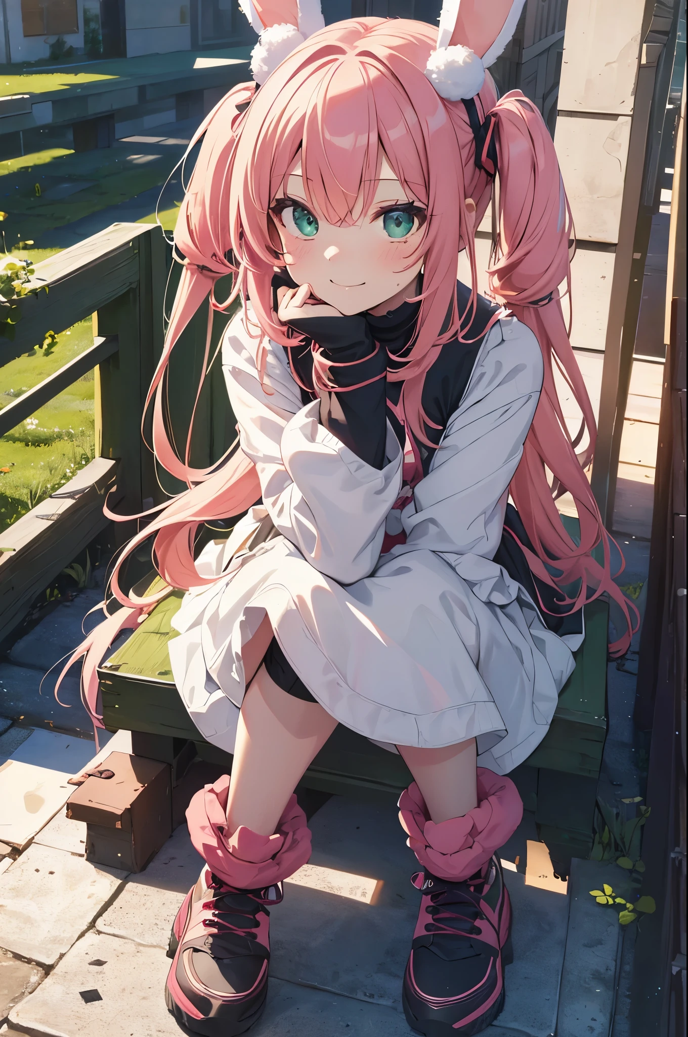 top-quality,Top image quality,in 8K,4K,masterpiece,ultra-detailliert,Beautiful、ultra-quality, best quality,high resolution, ultra-detailed,game cg,dutch angle ,beautiful detailed eyes, visualart,five fingers, perfect hands,beautiful girl,BREAK,(chibi:1.2),(flat chest),long hair,pink hair,half twin tail,emerald green eyes,(Rabbit ear hair bands),(Red Bunny Girl Suit;1.5),grinning face,(leaning forward ,hands on knees),