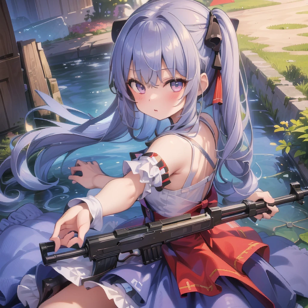 1girl、1girl,(((Highest quality、Masterpiece、Official Art、The best dynamic composition、Super detailed)))、Anime Style、Creative outfits、、Unique and original hairstyle、Movie Posters、ak-47、 akm、 kalashnikov_rifle、 assault_rifle、 holding_gun、QBU10