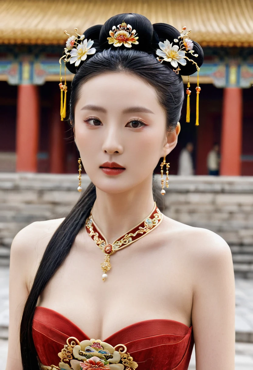 Chinese actress Xu Xun in The Legend of Ruyi (Zhou Xun) A Qing Dynasty Empress standing in front of the crowd. Her large breasts and hairy lower abdomen are visible. Her hair is tied up and pulled up with a gorgeous flower ornament.、A perverted erotic woman wearing the crown of a Qing Dynasty empress. The background is the stone paving of a Chinese palace during the Qing Dynasty. She is naked without underwear on the stone paving outside a Chinese palace during the Qing Dynasty.、