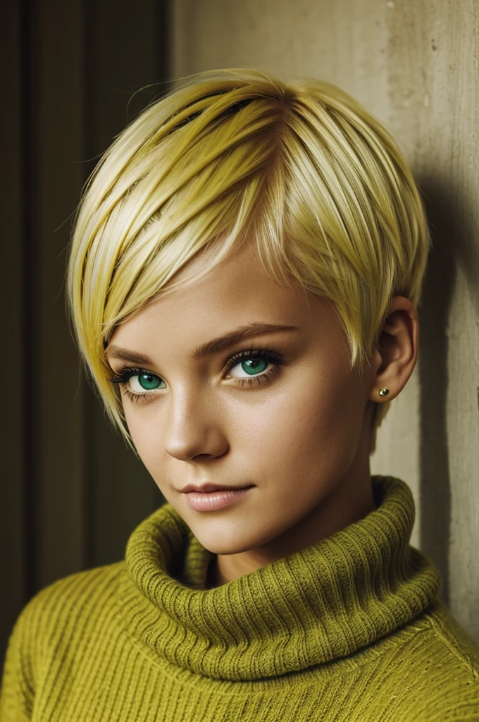 Girl, short yellow hair, green skin, grewn eye, wearing a sweater