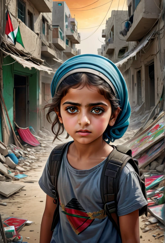 a powerful album cover, a childs of Gaza, war-torn Gaza, resilience and suffering, harsh realities, courage and determination, poignant imagery, muted color palette, struggle and hope, strength in adversity, inspire empathy, support for Gaza, (best quality,4k,8k,highres,masterpiece:1.2),ultra-detailed,(realistic,photorealistic,photo-realistic:1.37),HDR,UHD,studio lighting,ultra-fine painting,sharp focus,physically-based rendering,extreme detail description,professional,vivid colors,illustration,concept art. Cover album music styles, 