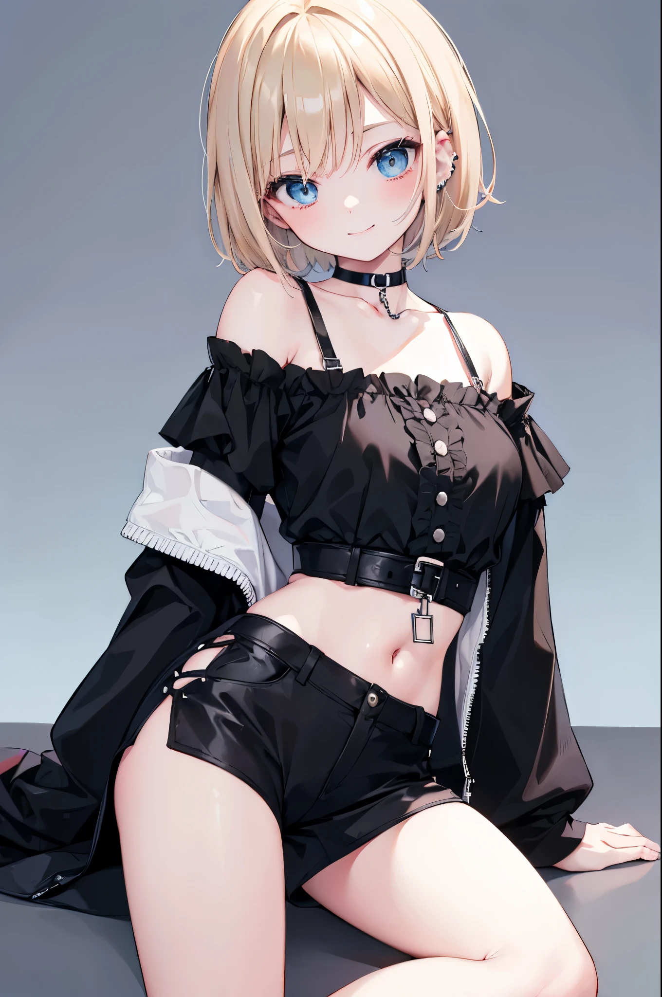 high resolution,smile,woman,woman1人,adult,cute,Short Bob Hair,Blonde Hair,Light blue eyes,Black off-the-shoulder blouse,Black shorts,Piercing,Black choker, Background white,Simple background,Touch your hair with your hands,happy smile,