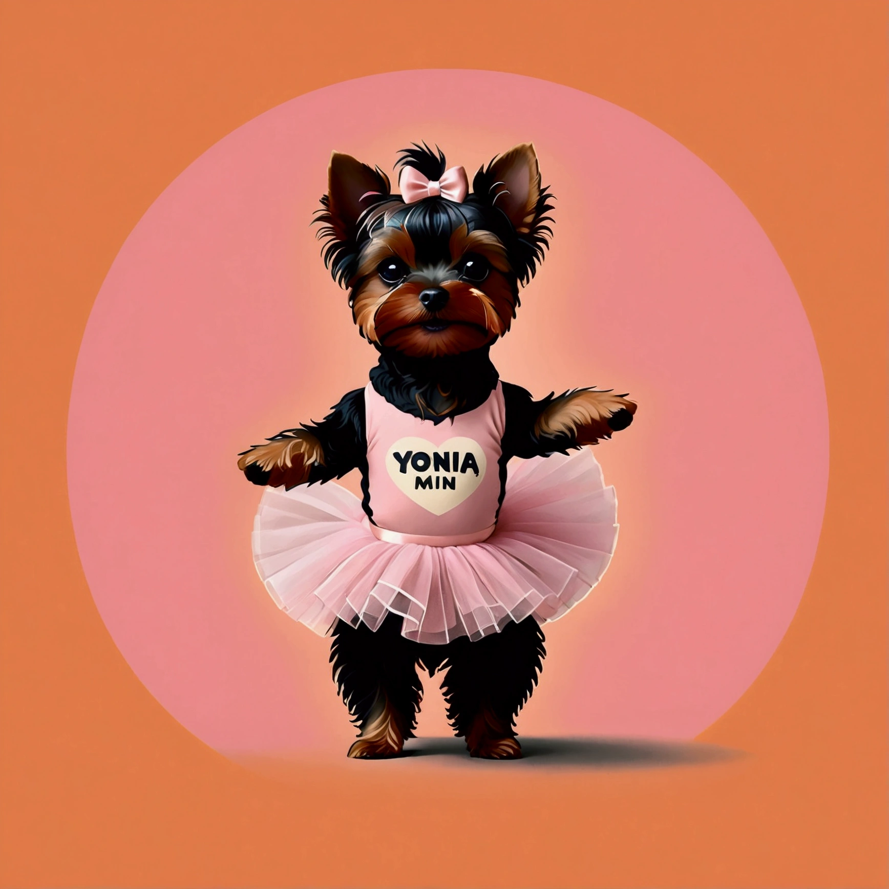 yorkie dog in a pink tutu, in the style of sacha goldberger, delicate modeling, light orange and dark brown, dance, vivienne tam, konica big mini, luxurious textures,  funky, retro, multicoloured,  vintage logo, logo,energetic dynamic pose vintage logo, 