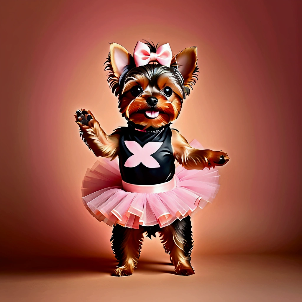 yorkie dog in a pink tutu, in the style of sacha goldberger, delicate modeling, light orange and dark brown, dance, vivienne tam, konica big mini, luxurious textures, funky, retro, multicoloured, vintage logo, logo,energetic dynamic pose vintage logo,
