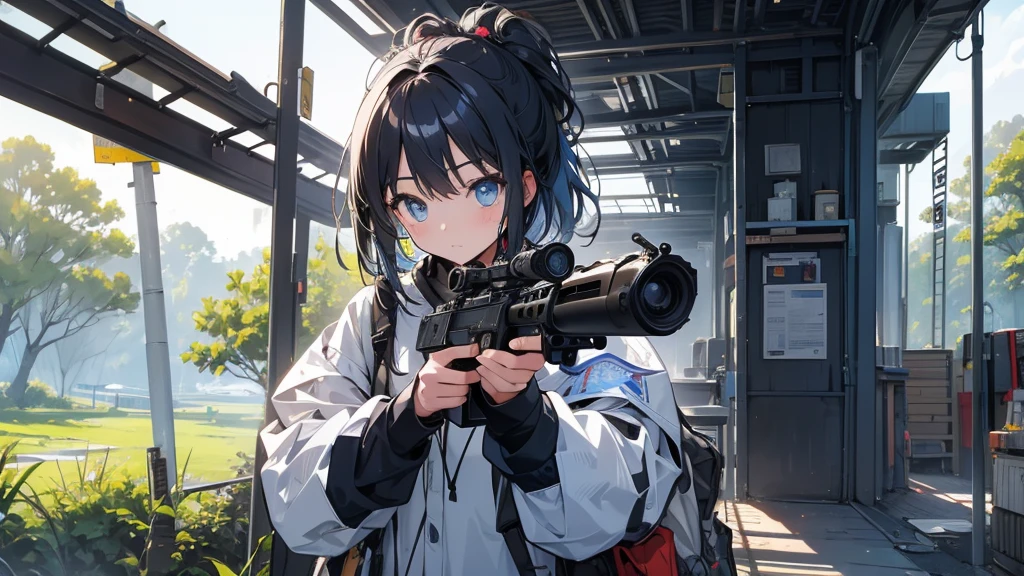 A girl shooting a gun in the wilderness。Highest quality。