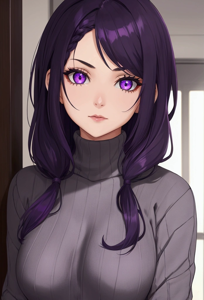 a girl , dark purple hair, purples eyes, and a gray sweater