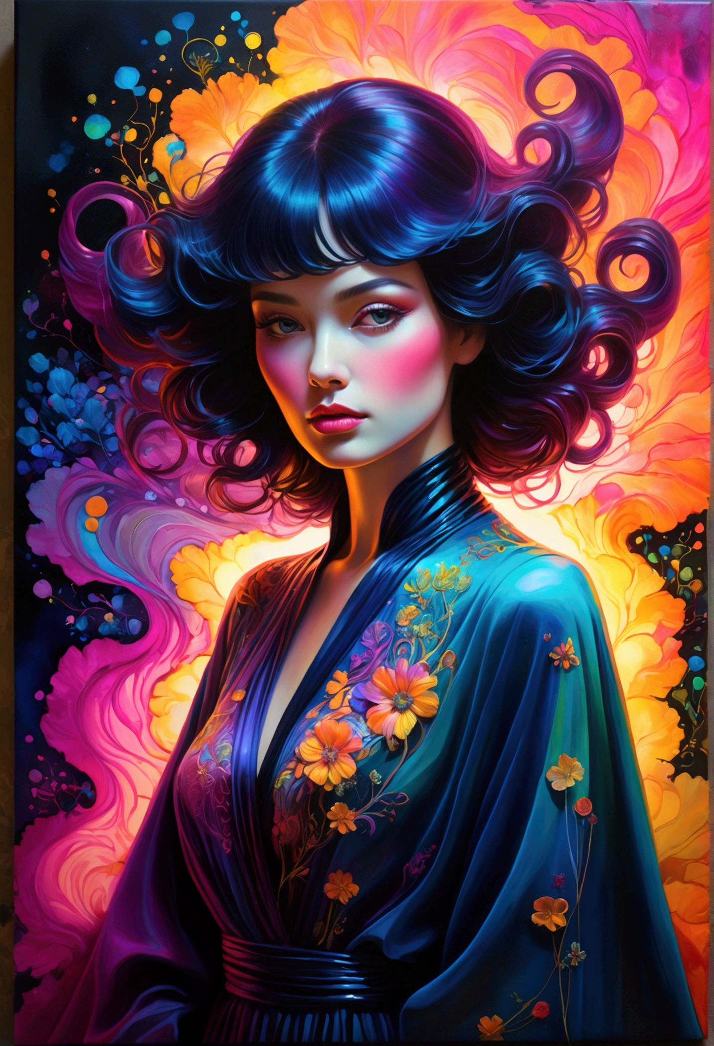 In a mesmerizing oil painting, a mysterious figure emerges from a haze of swirling colors. Their retro attire shines with metallic accents, while vibrant neon lights illuminate their expressionless face. The composition exudes nostalgia and intrigue, leaving viewers longing for a forgotten era. the gardens of sound made out of ral-hlgrphic,( hyperrealistic art breathtaking a lineart (vibrant alcohol ink sketch). [magnificent faetastic , , intriguing weirdness, color schemes extravaganza, mystery of darkness, unusual natural aesthetics, glossy].