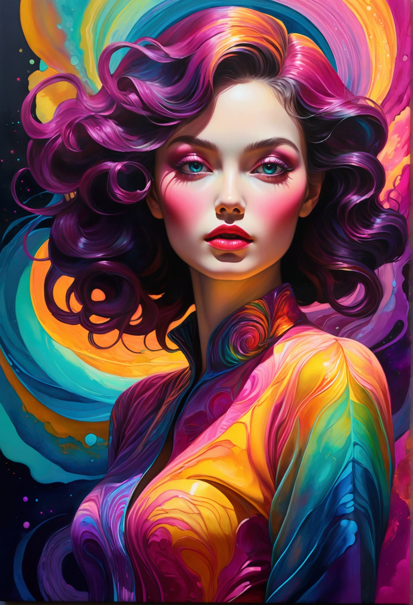 In a mesmerizing oil painting, a mysterious figure emerges from a haze of swirling colors. Their retro attire shines with metallic accents, while vibrant neon lights illuminate their expressionless face. The composition exudes nostalgia and intrigue, leaving viewers longing for a forgotten era. the gardens of sound made out of ral-hlgrphic,( hyperrealistic art breathtaking a lineart (vibrant alcohol ink sketch). [magnificent faetastic , , intriguing weirdness, color schemes extravaganza, mystery of darkness, unusual natural aesthetics, glossy].