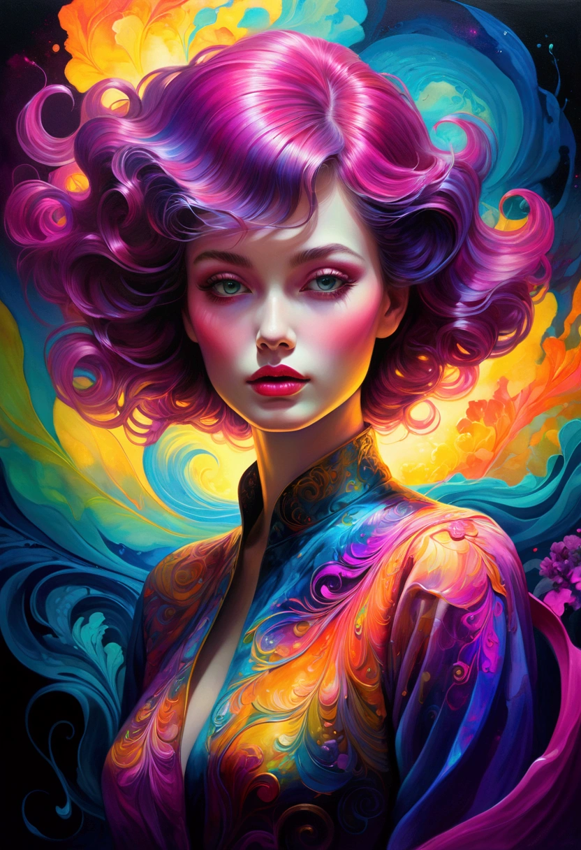 In a mesmerizing oil painting, a mysterious figure emerges from a haze of swirling colors. Their retro attire shines with metallic accents, while vibrant neon lights illuminate their expressionless face. The composition exudes nostalgia and intrigue, leaving viewers longing for a forgotten era. the gardens of sound made out of ral-hlgrphic,( hyperrealistic art breathtaking a lineart (vibrant alcohol ink sketch). [magnificent faetastic , , intriguing weirdness, color schemes extravaganza, mystery of darkness, unusual natural aesthetics, glossy].