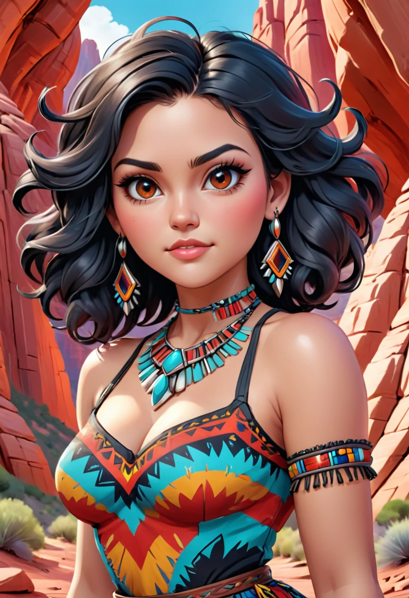Beautiful boho women stunning merge of Masiela Lusha with colorful southwestern style dress. colorful southwestern earing and. jewelry dark-black colored hair that is coarse, wiry, and tightly curled. It often has a rough texture, feels stiff to the touch, and may be prone to frizz and tangling. The curls can be densely packed. The Official Art – An Award-Winning Digital Masterpiece In 4K Ultra HD, Extreme Detail And Intricate Realism. symmetrical face. This Concept Art Brought To Life By The Hands Of Artists Like Wlop & Artgerm In A Stunning 2D Vector Illustration. large, perky, full, vuluptious, symmetrical and spherical breasts. Background is a beautiful panoramic vista of a red rock canyon.
