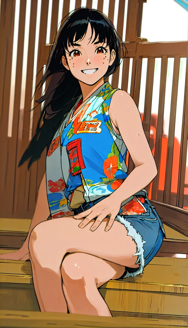 Ronnie Anne, hoodie, shorts, black eyes, ponytail, tanned skin, full body, curvy arms, defined legs, beautiful, pose, in the beach, long socks, curvilinear legs. one leg raised the other on the floor, stretching out a leg, two girls stretching and crossing legs between them