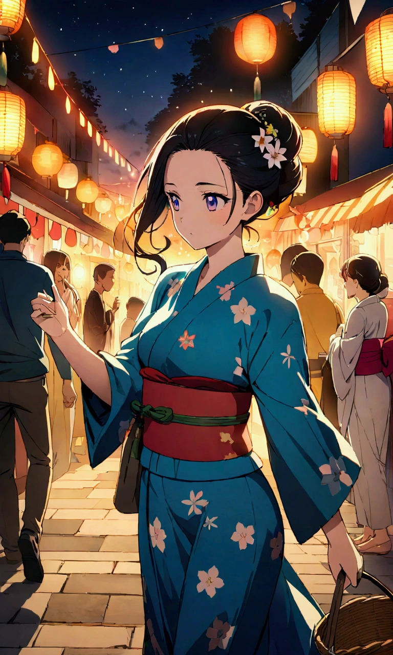 Most beautiful anime style, super top quality, super detailed anime illustration, super masterpiece, 4K, On a summer festival night, a beautiful girl is waiting in a yukata on the street at the fair, warmly lit by lanterns. Her yukata is decorated with bright floral and star patterns, and the obi sash sways gracefully with her movements in the wind. In her hand she carries a small basket bag. Her hair is loosely pulled back, and her ears are decorated with ornaments resembling summer flowers. Her expression is a mixture of anticipation and a little shame, and her eyes are shining like stars as she gazes out at the street in front of her. n the dark night sky, large stars are shining
