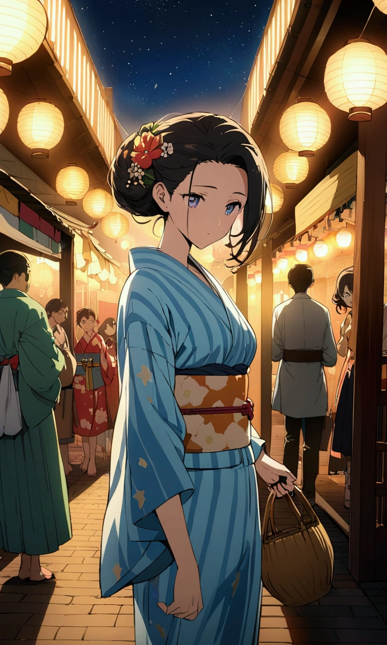 Most beautiful anime style, super top quality, super detailed anime illustration, super masterpiece, 4K, On a summer festival night, a beautiful girl is waiting in a yukata on the street at the fair, warmly lit by lanterns. Her yukata is decorated with bright floral and star patterns, and the obi sash sways gracefully with her movements in the wind. In her hand she carries a small basket bag. Her hair is loosely pulled back, and her ears are decorated with ornaments resembling summer flowers. Her expression is a mixture of anticipation and a little shame, and her eyes are shining like stars as she gazes out at the street in front of her. n the dark night sky, large stars are shining