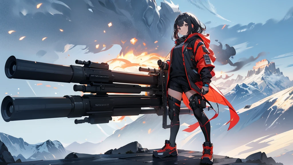 A girl shooting a big gun on a rocky mountain。Highest quality。