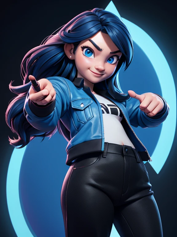 cartoon 3d avatar not realistic a young women charismatic, smiling, extroverted, thin face with long dark hair with blue highlights, blue eyes, blue modern futuristic jacket, black t-shirt underneath with no writing, black modern pants, pointing with her index finger to the left side, digital art, 1 girl, solo, body plus, SSBBW