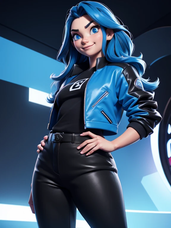 cartoon 3d avatar not realistic a young women charismatic, smiling, extroverted, thin face with long dark hair with blue highlights, blue eyes, blue modern futuristic jacket, black t-shirt underneath with no writing, black modern pants, pointing with her index finger to the left side, digital art, 1 girl, solo, body plus, SSBBW