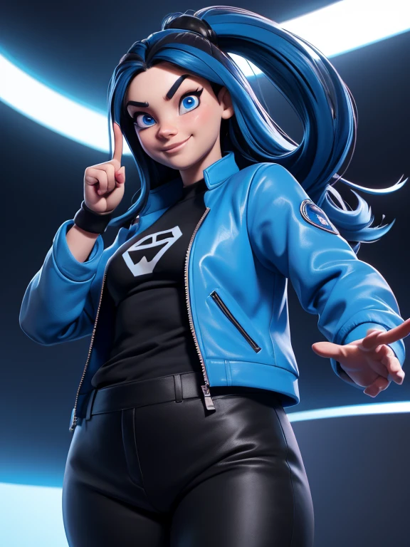 cartoon 3d avatar not realistic a young women charismatic, smiling, extroverted, thin face with long dark hair with blue highlights, blue eyes, blue modern futuristic jacket, black t-shirt underneath with no writing, black modern pants, pointing with her index finger to the left side, digital art, 1 girl, solo, body plus, SSBBW