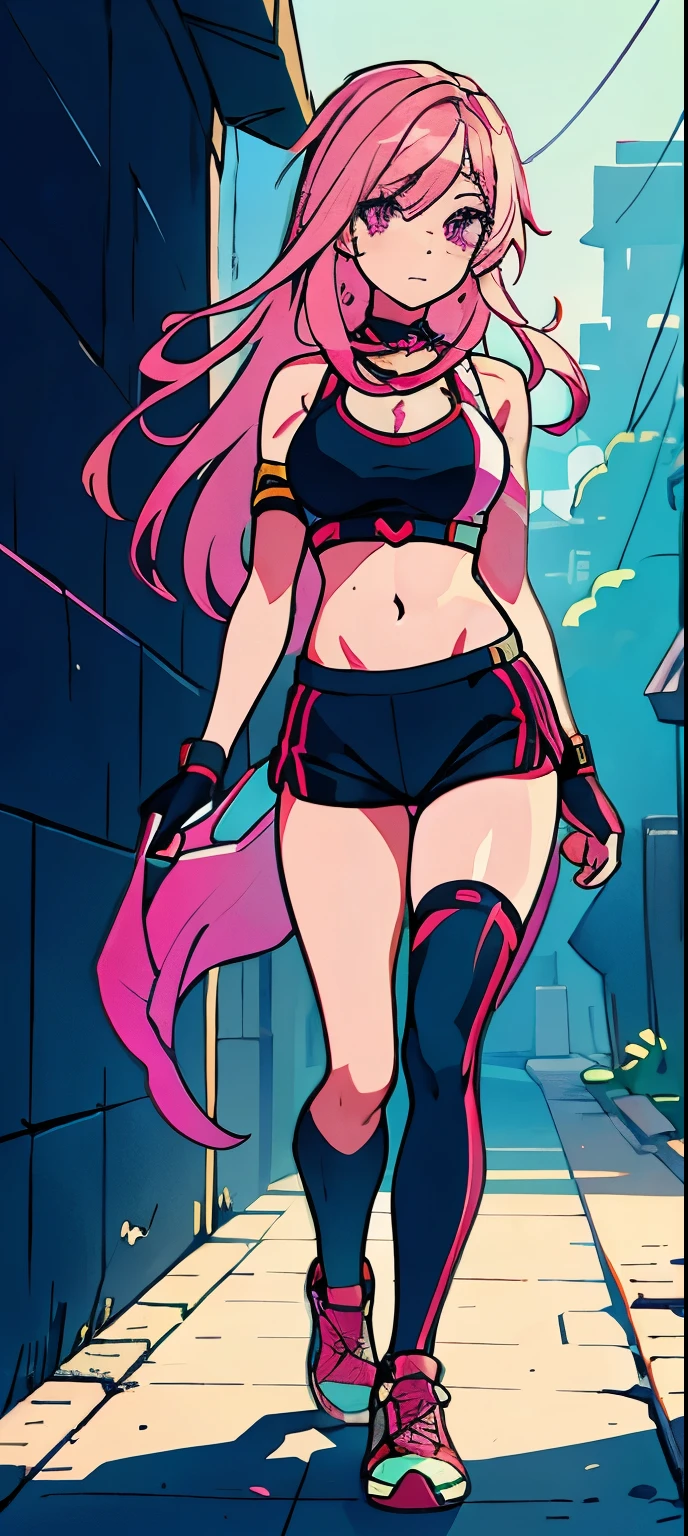 (masterpiece, best quality, 1girl, solo, intricate details, chromatic aberration), realistic, ((medium breath)),long hair, pink hair, red head ornament, pink highlights, hair over one eye,purple eyes, earrings, sharp eyes, choker, neon shirt, open jacket, crop top, (symmetry eyes),(perfect symmetrical body),against wall, brick wall, graffiti, dim lighting, alley ,look at viewer, woman at a gym, cute, front Pose, fitness girl, standing, erect Pose, symetrical, fitness model, skinny, Red sneakers, best qualityer, relaxed arms, hands down, ankle, fullbody view, stand straight with your back upright. Keep your shoulders back and maintain a straight line from your head to your feet, symmetrical frontal view, face aligned,