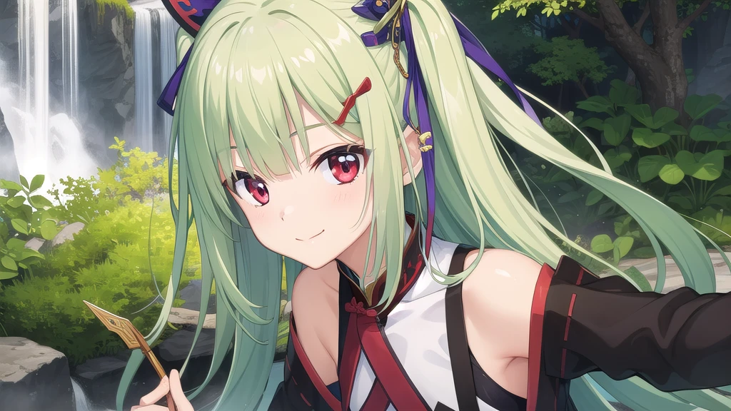 mitsuri(demon slayer), large breasts, upper body, haori, bangs, 1girl, green hair, demon slayer uniform, gradient hair, solo, jacket, multicolored hair, breasts, smile, green eyes, twin braids, pink hair, japanese clothes, long hair, portrait, looking at viewer, moonlight scenery, (from below:1.3) csr style
