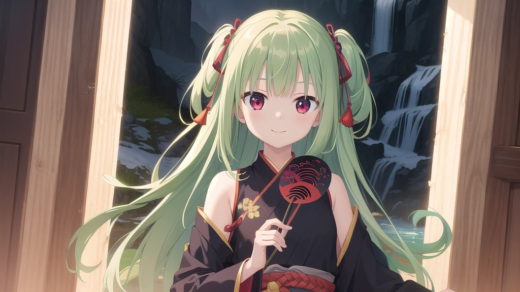 ((masterpiece)),(best quality),Official Art,Extremely detailed CG,Unity 8K wallpaper,Very detailed,Beautiful and delicate eyes,Extremely detailed face,1 girl,solitary,,(whole body:1.5),(small:1.3),Smile,,Murasame,Very long hair,Green Hair,Face Up,Purple bow,hairpin,Side chains,Bangs,Red Eyes,Neck strap,Red belt,Chinese elegant style，Long-sleeved hanfu，Holding a feather fan，Looking at the waterfall，Full of fairy