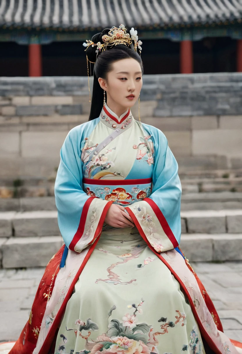 Chinese actress Xu Xun in The Legend of Ruyi (Zhou Xun) A Qing Dynasty Empress standing in front of the crowd. Her large breasts and hairy lower abdomen are visible. Her hair is tied up and pulled up with a gorgeous flower ornament.、A perverted erotic woman wearing the crown of a Qing Dynasty empress. The background is the stone paving of a Chinese palace during the Qing Dynasty. She is naked without underwear on the stone paving outside a Chinese palace during the Qing Dynasty.、