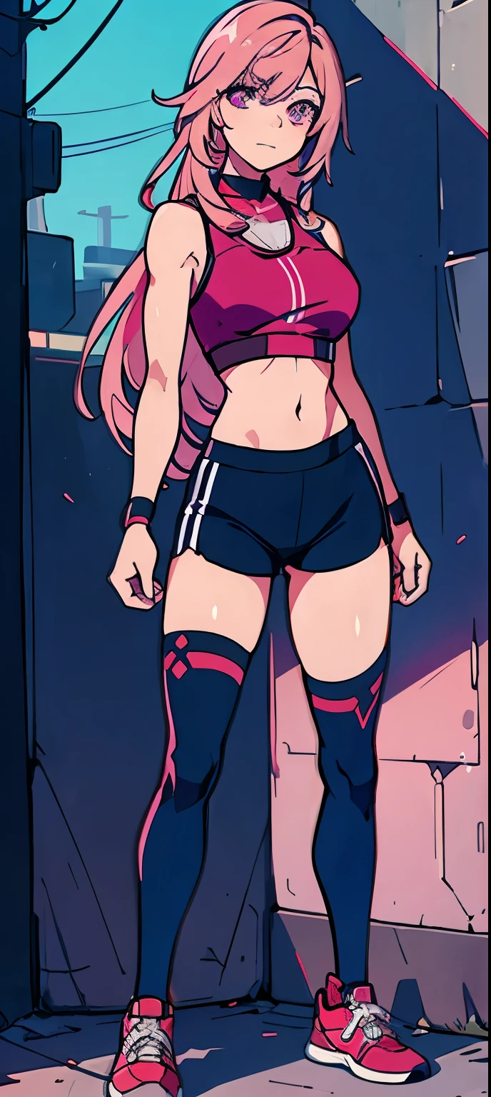 (masterpiece, best quality, 1girl, solo, intricate details, chromatic aberration), realistic, ((medium breath)),long hair, pink hair, red head ornament, pink highlights, hair over one eye,purple eyes, earrings, sharp eyes, choker, neon shirt, open jacket, crop top, (symmetry eyes),(perfect symmetrical body),against wall, brick wall, graffiti, dim lighting, alley ,look at viewer, woman at a gym, cute, front Pose, fitness girl, standing, ????? Pose, symetrical, fitness model, skinny, Red sneakers, best qualityer, relaxed arms, hands down, ankle, fullbody view, stand straight with your back upright. Keep your shoulders back and maintain a straight line from your head to your feet, symmetrical frontal view, face aligned, 