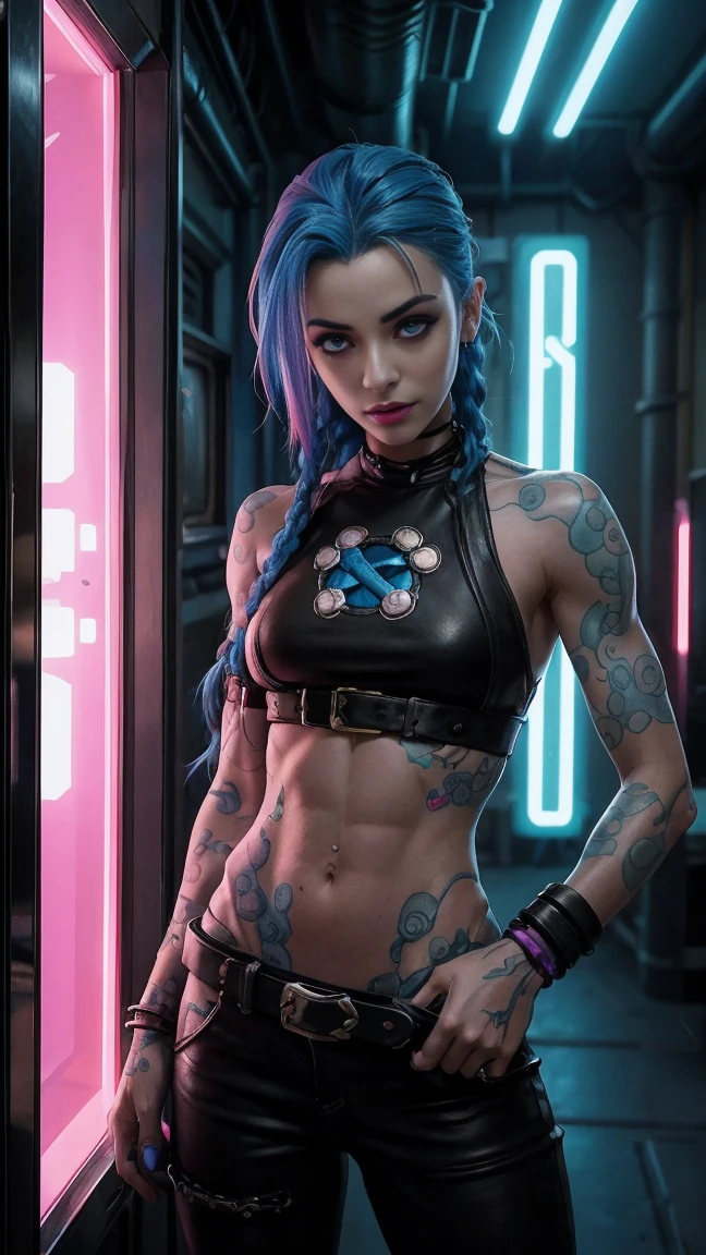 jinx arcane, uma mulher com hair blue e tatuagens, cyberpunk woman anime woman, pants, Beautiful angry cyberpunk goddess, cyberpunk artstyle, cyberpunk anime digital art, cyberpunk anime art, Arcane Jinx Retrato, cyberpunk anime art, cyberpunk themed art, cyberpunk dark fantasy, arcane style, 1 girl, cloud tattoo no braço, asymmetrical bangs, range, hair blue, blue braids, brown shirt, cloud tattoo, sideways, hair blue, long hair, pink eyes, Red lips, standing , cloud tattoo, twin braids. Jinx de arcano. Jinx em um lugar em chamas, spark, spheres of light, movie poster, Jinx, Arcane\(league of legends\