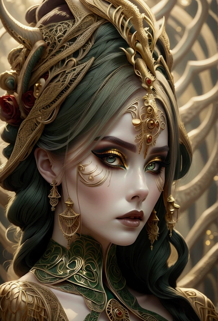 Pale, almost ethereal skin with intricate designs resembling mythical creatures. Eyes are highlighted with rich greens and golds, lips in a deep red, with dark, elaborate contouring.