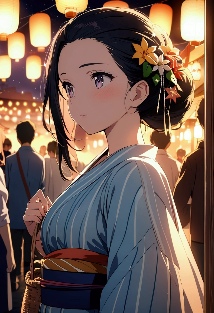 Most beautiful anime style, super top quality, super detailed anime illustration, super masterpiece, 4K, Cute beautiful girl, upper body, close up shot, focus on face. On a summer festival night, a beautiful girl is waiting in a yukata on the street at the fair, warmly lit by lanterns. Her yukata is decorated with bright floral and star patterns, and the obi sash sways gracefully with her movements in the wind. In her hand she carries a small basket bag. Her hair is loosely pulled back, and her ears are decorated with ornaments resembling summer flowers. Her expression is a mixture of anticipation and a little shame, and her eyes are shining like stars as she gazes out at the street in front of her. n the dark night sky, large stars are shining