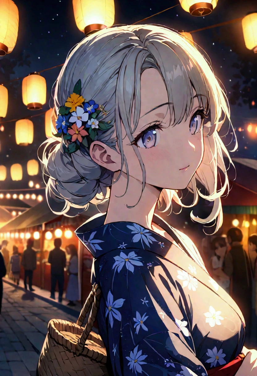 Most beautiful anime style, super top quality, super detailed anime illustration, super masterpiece, 4K, Cute beautiful girl, upper body, close up shot, focus on face. On a summer festival night, a beautiful girl is waiting in a yukata on the street at the fair, warmly lit by lanterns. Her yukata is decorated with bright floral and star patterns, and the obi sash sways gracefully with her movements in the wind. In her hand she carries a small basket bag. Her hair is loosely pulled back, and her ears are decorated with ornaments resembling summer flowers. Her expression is a mixture of anticipation and a little shame, and her eyes are shining like stars as she gazes out at the street in front of her. n the dark night sky, large stars are shining
