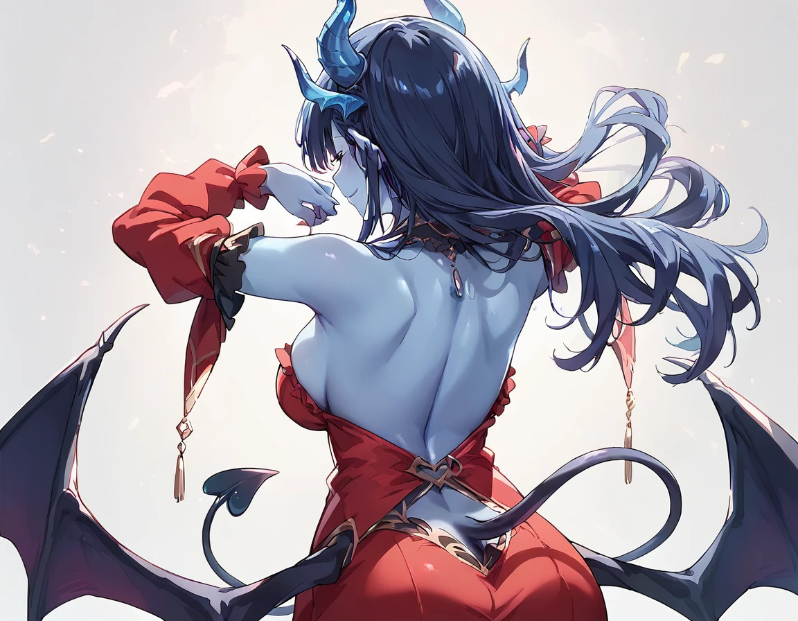 source_anime.(1girl futanari, Long Hair, (blue skin:1.5) horn, Large bat-like wings, Spade Tail, Succubus, devil, seducer, (Large Breasts:1.3) Wide Hips, red gown, Sexy smile, Absurd, simple background, three views from front, back and side