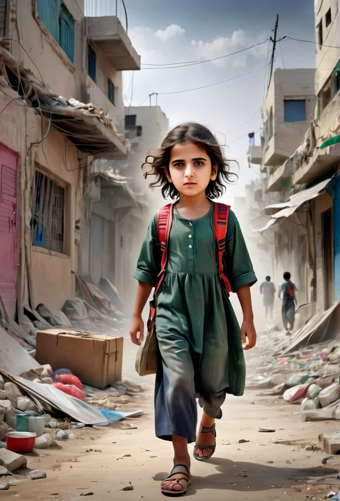a powerful album cover, a childs of Gaza, war-torn Gaza, resilience and suffering, harsh realities, courage and determination, poignant imagery, muted color palette, struggle and hope, strength in adversity, inspire empathy, support for Gaza, (best quality,4k,8k,highres,masterpiece:1.2),ultra-detailed,(realistic,photorealistic,photo-realistic:1.37),HDR,UHD,studio lighting,ultra-fine painting,sharp focus,physically-based rendering,extreme detail description,professional,vivid colors,illustration,concept art. Cover album music styles,